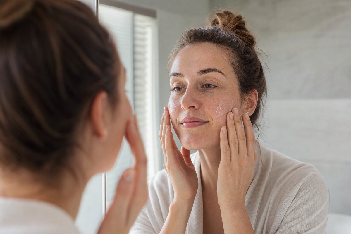 American woman gently pressing moisturizer onto dry reactive cheeks in a bathroom mirror