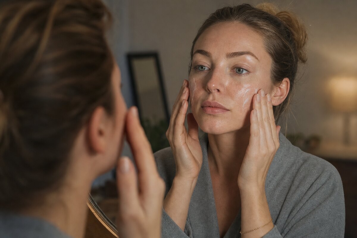 American woman smoothing rich night moisturizer across sensitive dehydrated skin