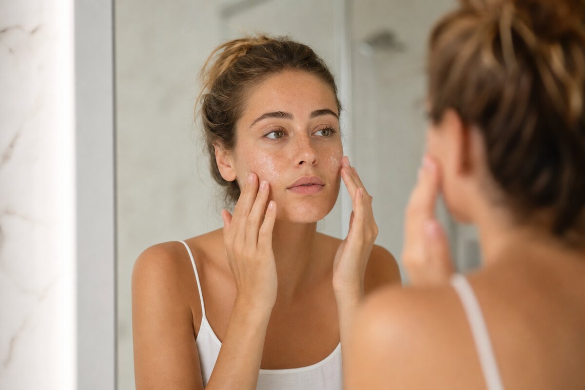 American woman applying lightweight gel moisturizer to her cheeks in a softly lit bathroom mirror