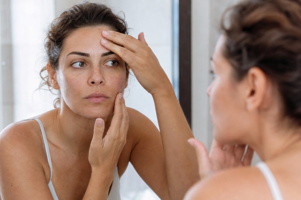 American woman touching her T-zone and cheek while checking hydration in a mirror