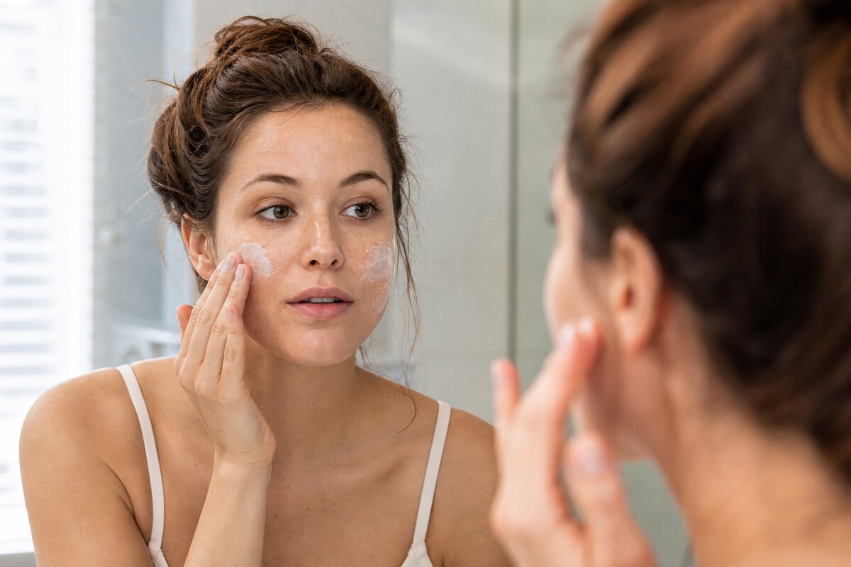 American woman applying mineral facial sunscreen to her cheeks in a bright bathroom mirror