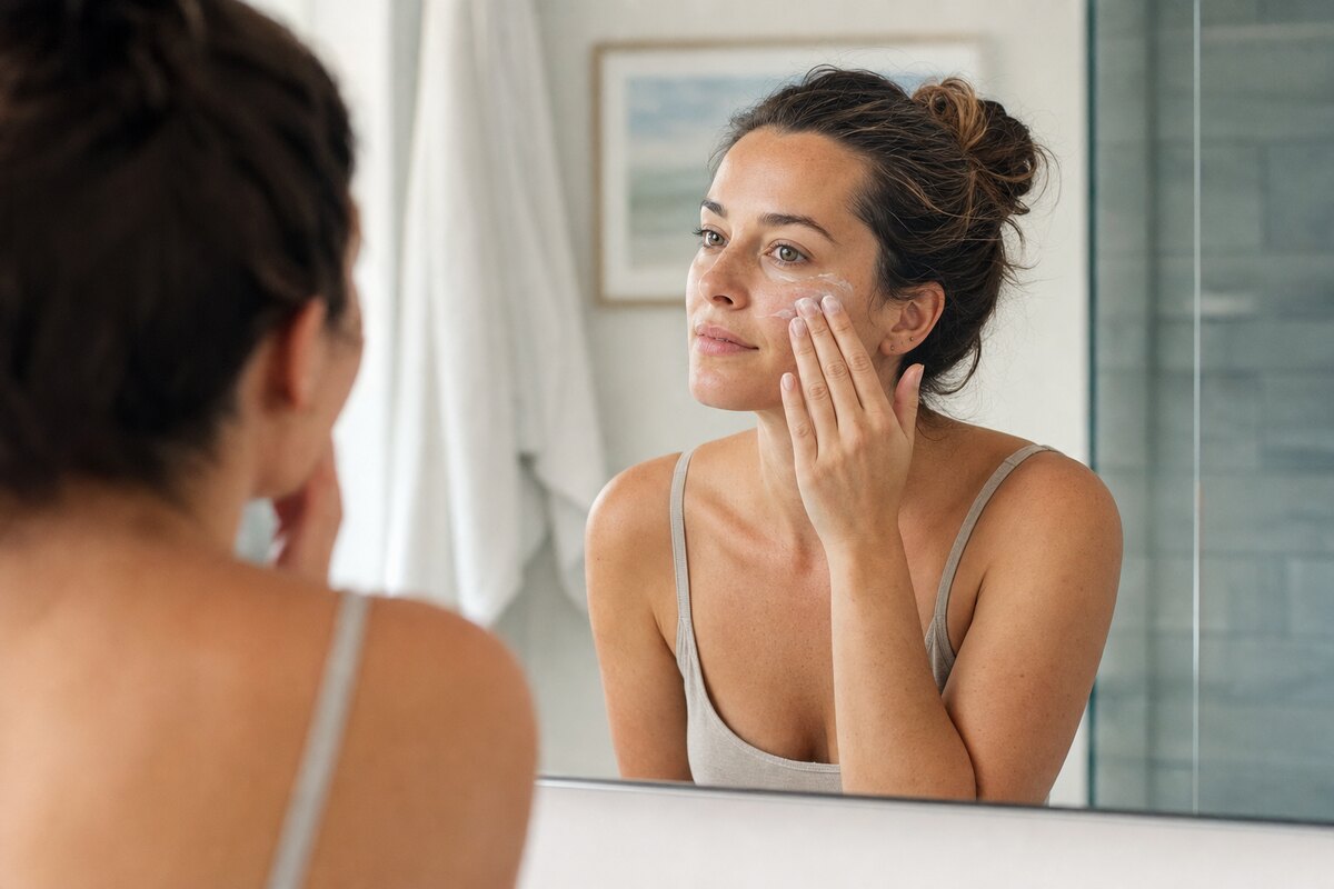 American woman applying facial sunscreen in a bathroom mirror with calm morning light