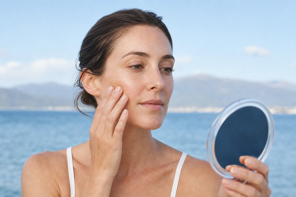 American woman outdoors checking sunscreen finish on her cheeks in open shade