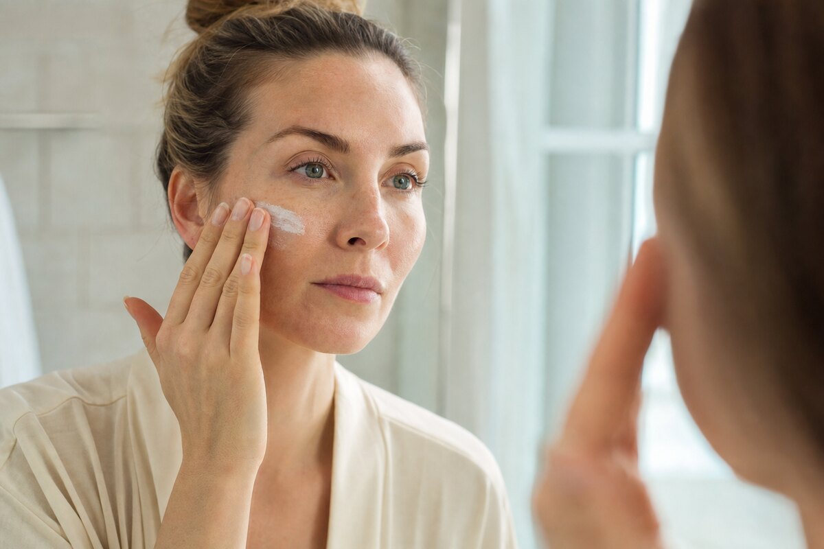 American woman applying mineral sunscreen to her cheek in a softly lit bathroom mirror