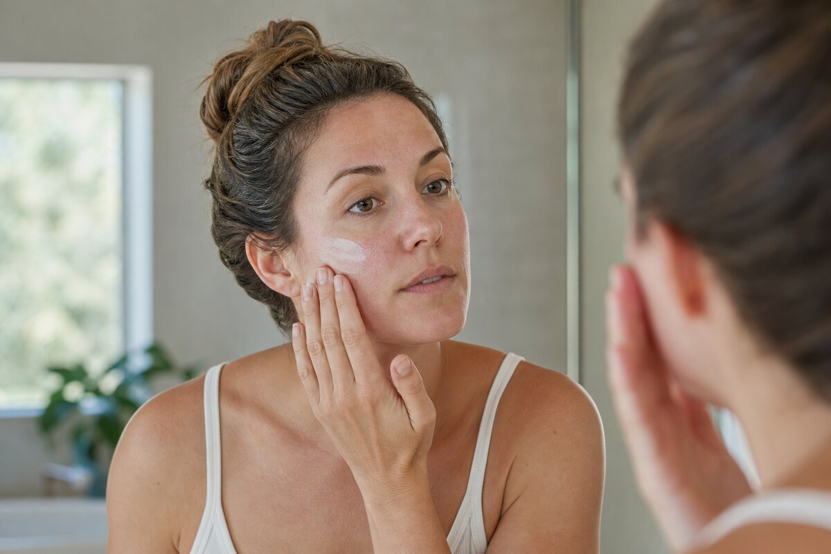 American woman applying mineral sunscreen to her cheeks in a bathroom mirror during a sensitive-skin morning routine