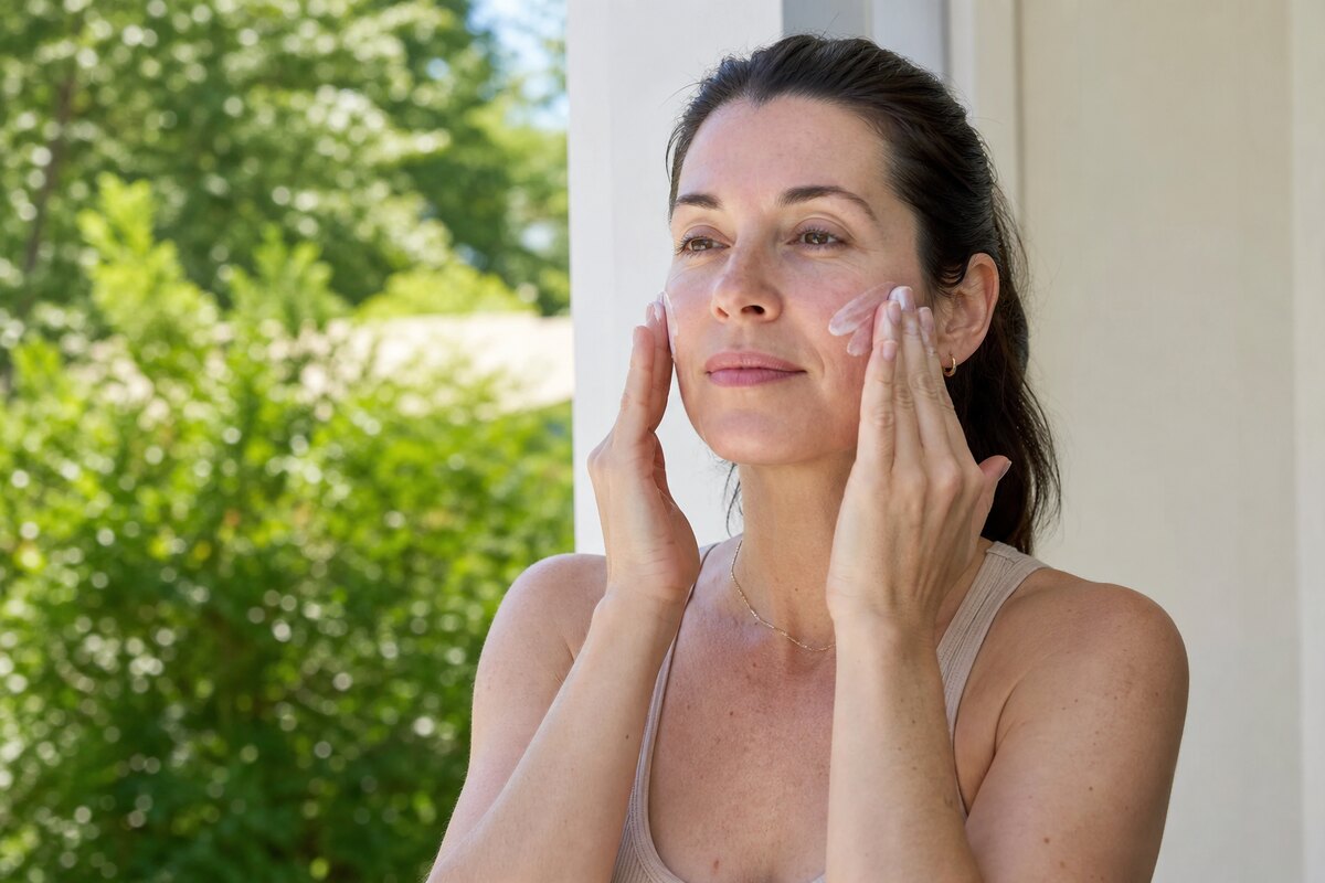 American woman pressing sunscreen onto her face outdoors before a morning walk in soft daylight