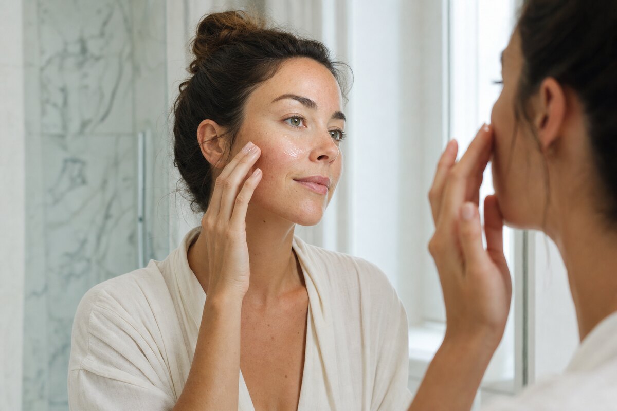 American woman applying a clear hydrating serum to slightly damp cheeks in a bright bathroom mirror