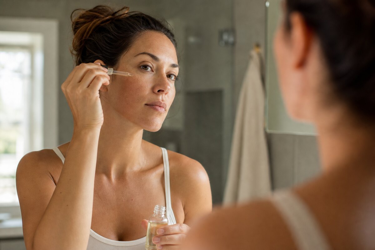 American woman applying a lightweight niacinamide-style serum to her cheek in soft morning light