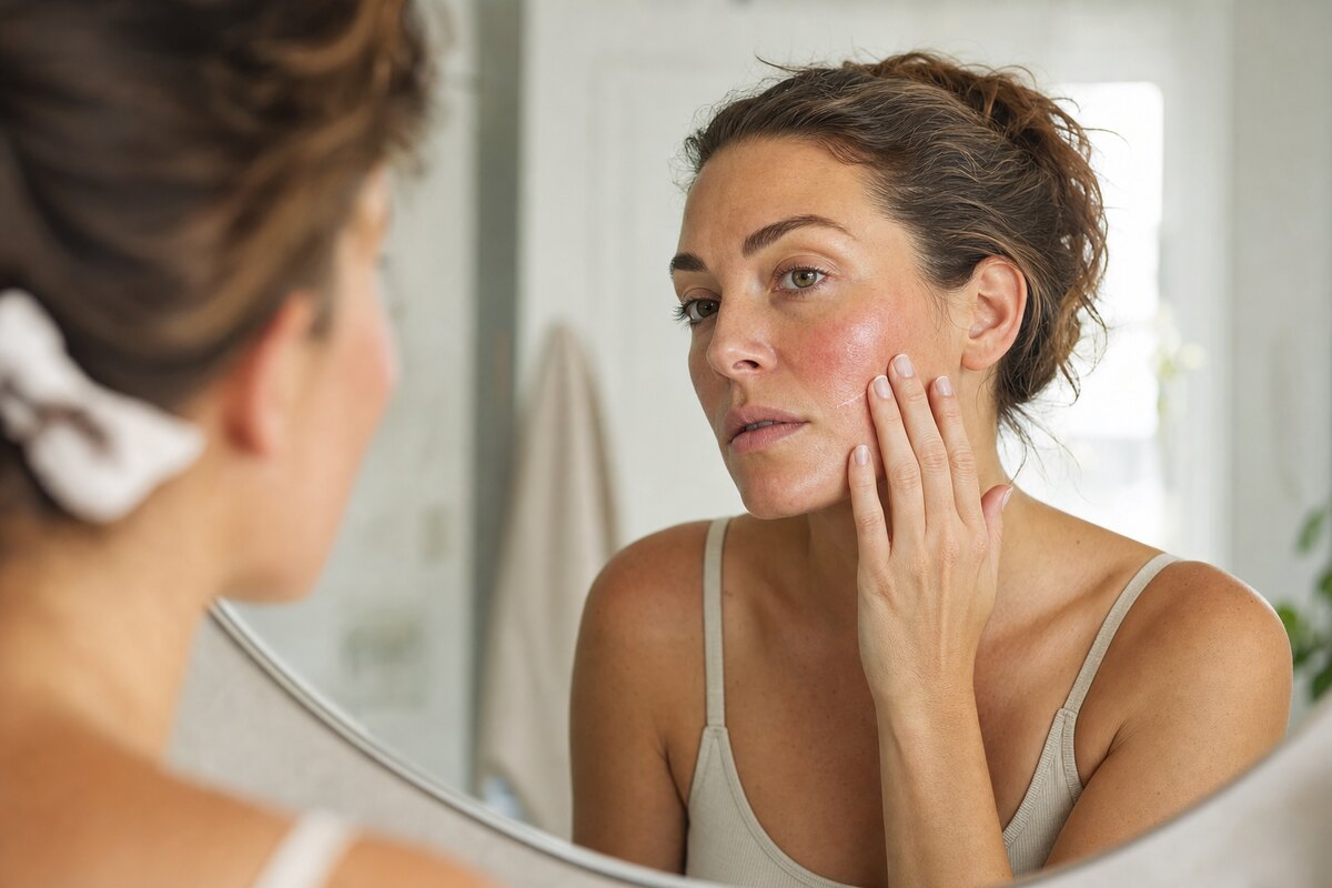 American woman gently pressing barrier balm onto a dry irritated cheek while looking in a bathroom mirror