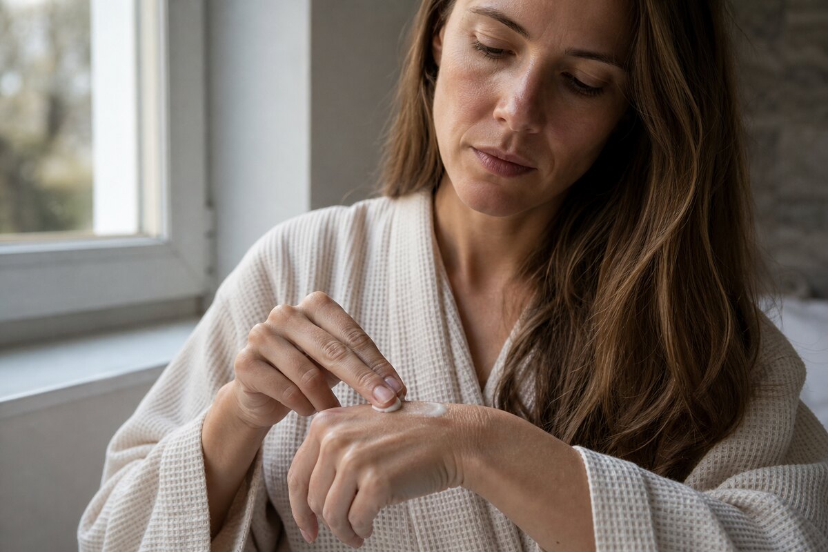 American woman smoothing healing balm over dry chapped hands near a window