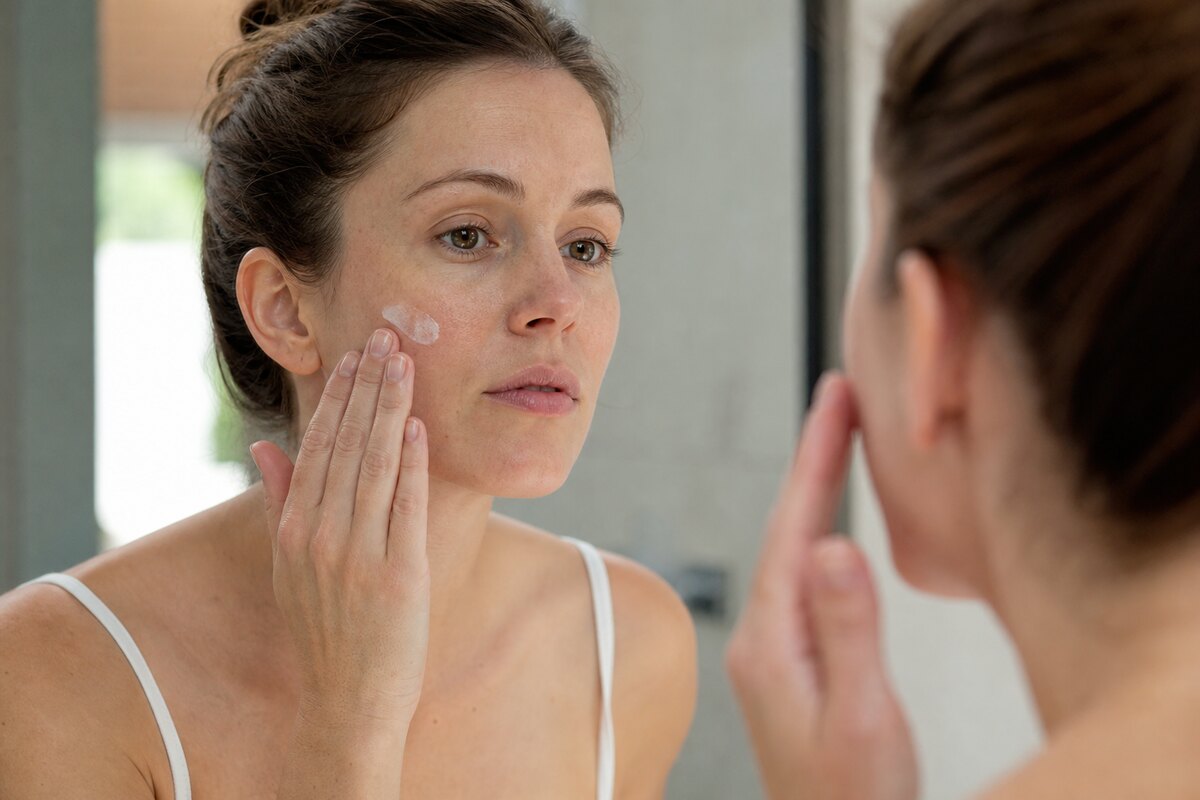 American woman applying lightweight barrier moisturizer to her cheeks in soft morning light