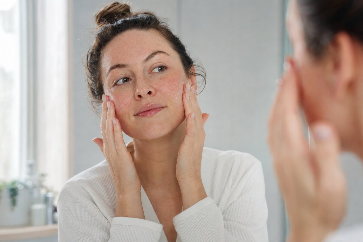 American woman with dry sensitive skin gently pressing moisturizer into her face after cleansing