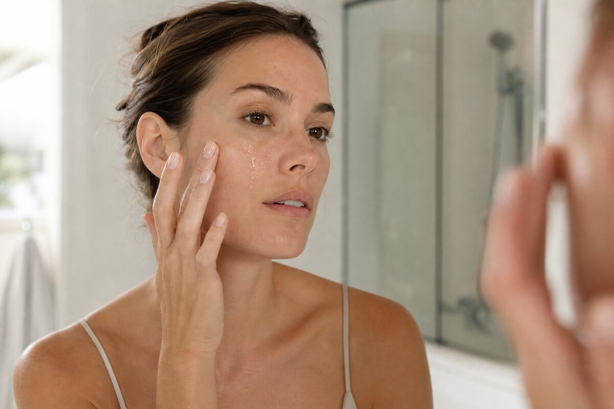 American woman applying a watery hydrating serum to her cheek in a bright bathroom mirror