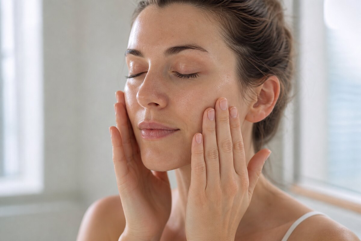 American woman gently pressing hydrated skin with both hands after applying serum