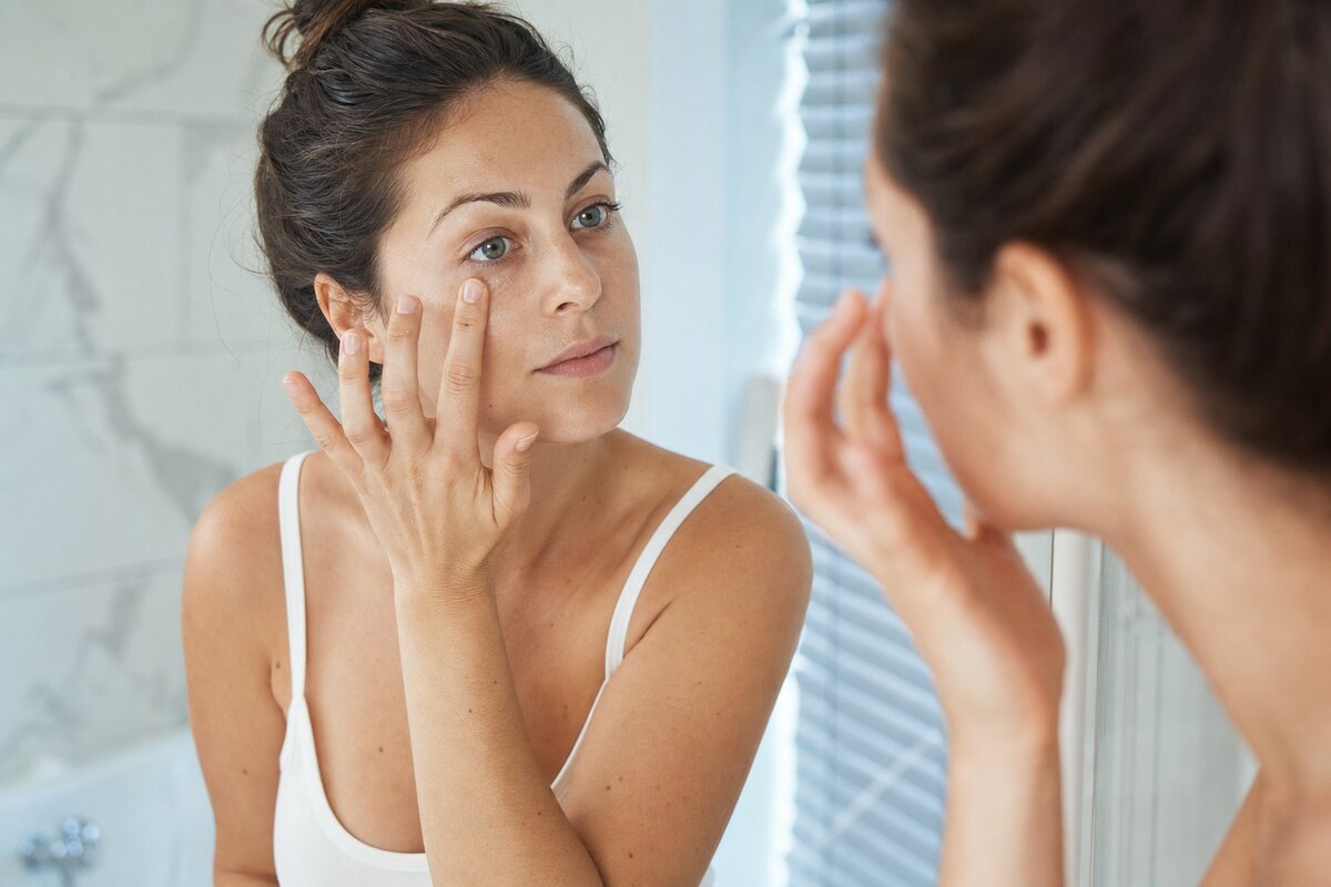 American woman gently tapping eye cream around dry under-eyes while looking in a bathroom mirror
