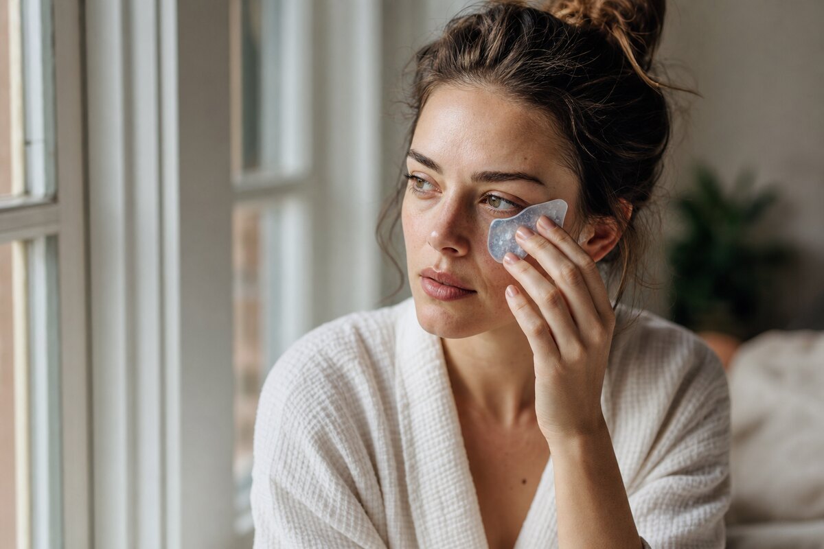 American woman using a cool compress under one eye to ease morning puffiness by a window