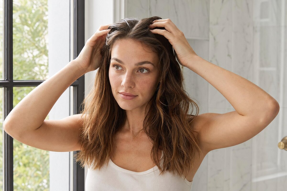 American woman seated by a bathroom window gently massaging a sensitive scalp with dry hair
