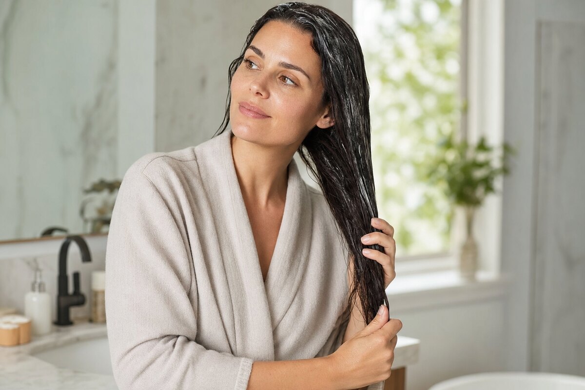 American woman smoothing fragrance-free conditioner through freshly washed hair beside a bathroom sink